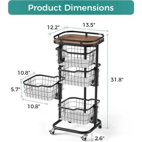 4 Tier Kitchen Fruit Vegetable Storage Cart with One-Piece Rotating Basket, Pantry Organizer Shelf Rack Floor Stand for Veggie Onion Potato Produce Spice, Rolling Snack Cart on Wheels, Black