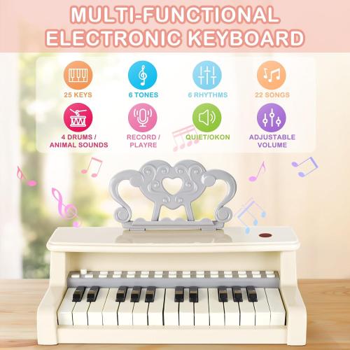 deAO Toddler Piano for Kids 3-6 Years - 25 Key Baby Piano Musical Toy with Stool & Microphone-Educational Toys Birthday Christmas Girls Gifts (White)