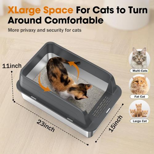 Size XL 2PACK Stainless Steel Litter Box, Extra Large Litter Boxes for Big Cats, XL Metal Cat Litter Box with Lid High Sides, Anti-Urine Leakage, Non-Sticky, Scoop Included