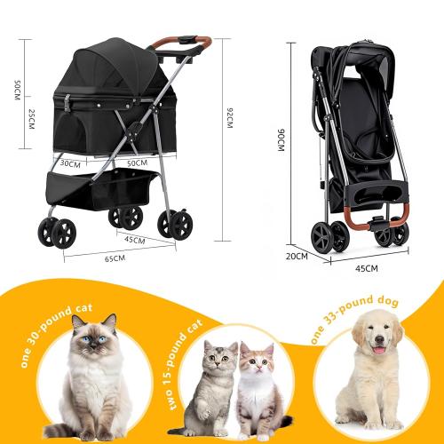 Pet Stroller for Small/Medium Dogs and Cats, Foldable 3 Wheel Jogger,One-Click Fold,Breathable Mesh, Storage Basket,Cup Holder,Weather Cover,(Black)