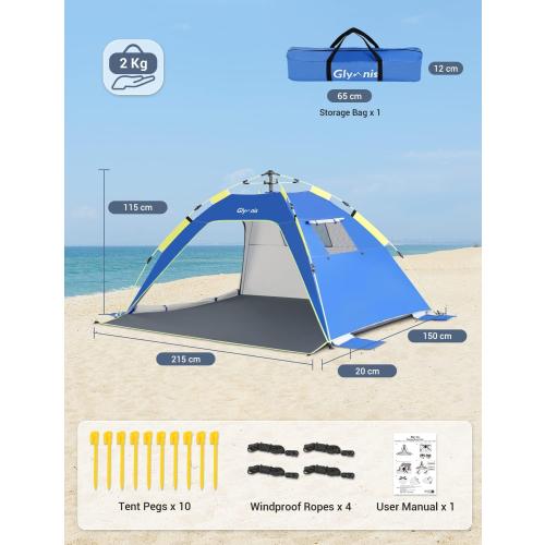 Glymnis Pop Up Beach Tent Sun Shade Shelter for 3-4 Person with UPF 50 , Lightweight & Easy Setup, Vent Windows & Zippered Door, Extended Floor Family Instant Beach Tent