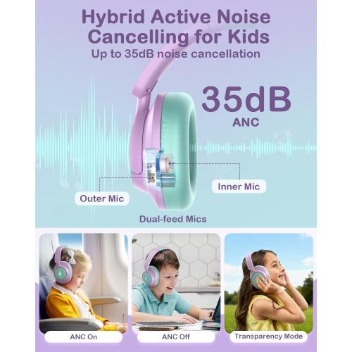 Hybrid Active Noise Cancelling Headphones for Kids, Wireless Bluetooth 6.0 Headset, 100H Playtime, Built-in Mic, Type-C Fast Charging, 94dBA Safe Volume, Colorful LED Lighting