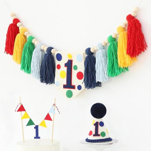 Colourful Rainbow Dot 1st High Chair Banner Conical Cap Primary Colors Cake Topper for Boys Girls Birthday Party Decorations