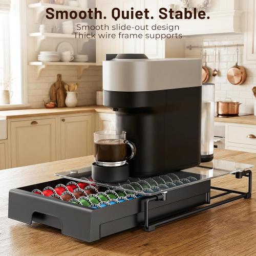 EVERIE Nespresso Vertuo Pod Holder Drawer, Coffee Pod Organizer with Universal Slots, Holds 40 Large or 52 Small Capsules, Tempered Glass Top Storage Drawer for Coffee Makers, 12 x 16.5 x 3.5