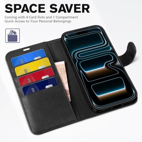 TUCCH Wallet Case for iPhone 17 Pro Max (6.9) 2025, RFID Blocking 4 Card Holders | Kickstand | Shockproof TPU Shell | PU Leather | Magnetic Closure | Protective Flip Folio Cover | Black