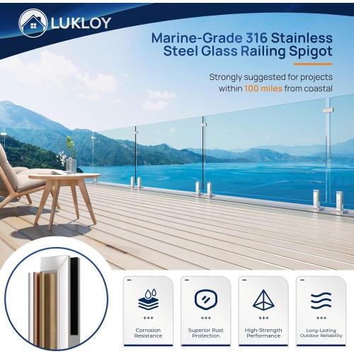 LukLoy 1 Pack 316 Stainless Steel Glass Railing Spigot N.W 2.1lb Heavy Duty Glass Railing Post Clamps for Home Garden Stairs Balustrade Balcony (1 Pack, NW 2.1lb, GW 3.0lb) - Level 2