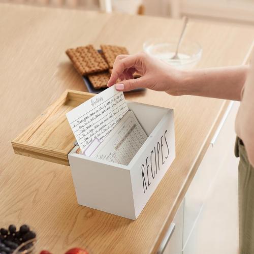 Dahey Wooden Recipe Box White Recipe Organizer with 100 Recipe Cards and 6 Dividers, Recipe Card Holder Box Set with Lid and Slots to Write in Your Own Recipes for Cooking Lover Kitchen, 6.9''x4.3''