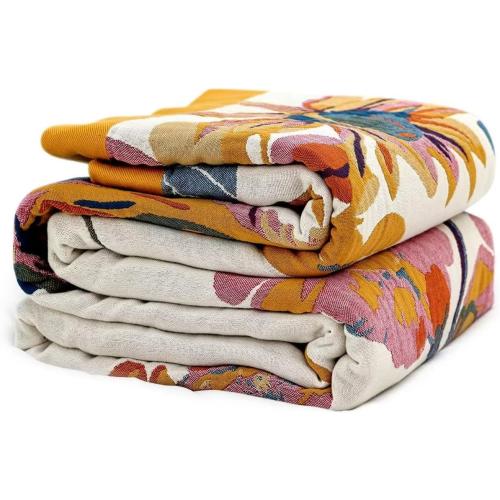 SOFT COLORFUL Boho Throw Blanket 100% Cotton Ultra Soft Bed Throw Large Fall Blanket Floral Bird and Butterfly Farmhouse Decor Bed Blankets,60×80 All Season Blankets for Sofa Couch Chair
