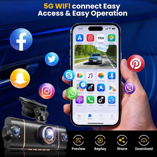 4 Channel Dash Cam 360° View Front Rear Inside & Left Right,4K 1080P*3 FHD Car Camera,5G WiFi & APP Control,8 IR Lamps Night Vision, G-Sensor, 24H Parking Mode, with a Free 64GB SD Card