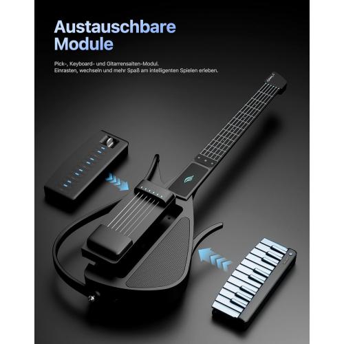 Color black Enya CYBER-G Smart Guitar With Silicone Strings, 24 Built-in Tones, Travel Silent Guitar with Speaker and Drum system,App Interactive Chord Sheets For Adults & Teens