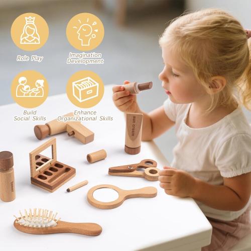 11-Piece Wooden Makeup Toy Set for Girls, Pretend Play Makeup Kit for Toddlers & Kids with Mirror, Lipstick, Hair Straightener & Storage Bag, Christmas Birthday Present for Ages 3-6 Years Old