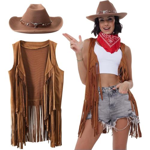 Size S/M....PARTTELY Western Outfits for Women Cowgirl Tassel Sleeveless Vest Cowboy Hat and Paisley Bandana
