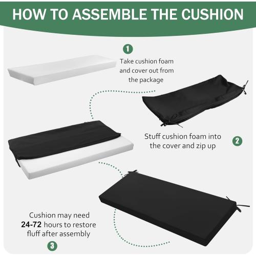 BKACK AND WHITE Outdoor Bench Cushion: Waterproof and Fade Resistant Patio Furniture Cushions - Non-Slip Bench Pad Cushion with Removable Cover for Garden Swing Porch Sofa Settee, 48 x 18 x 3 Inch, Black
