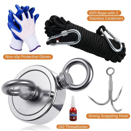 VNDUEEY 760 LBS Magnet Fishing Kit, Fishing Magnets Kit Includes Grappling Hook, Heavy Duty 65FT Rope, Gloves & Locking Carabiner - 2.36inch Diameter