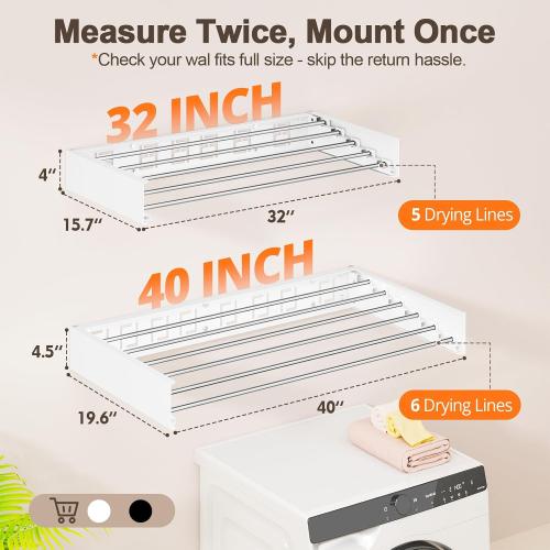 Wall Mounted Clothes Drying Rack Folding Indoor, Foldable Laundry Drying Rack Collapsible,Invisible, Space Saving, Retractable Towel Drying Rack, with Wall Template(5 Drying Rods, White 32)
