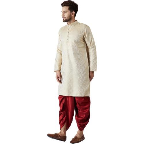 Size XL 42 Color Mustard and Red Pants Sojanya (Since 1958, Men's Blue & Mustard Silk Dhoti Kurta Set