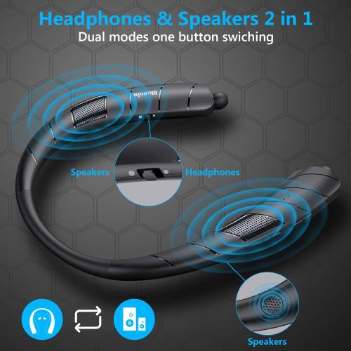 Neckband Bluetooth Headphones Speaker 2 in 1，Wireless Wearable Speaker with Retractable Earbuds, 3D Stereo Sound, Portable Speaker and Headset w/Bulit in Mic for Home, Office and Outdoors