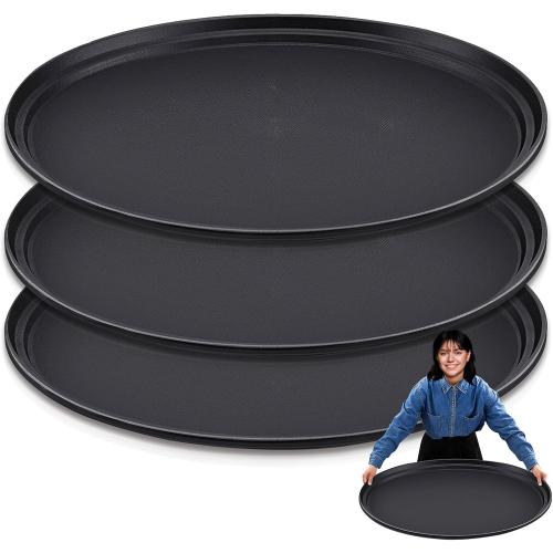 3 Pcs Large Restaurant Serving Trays 24 x 29 Oval Plastic Food Serving Tray Non Slip Rubber Lined Black Serving Tray for Cafeteria (3)