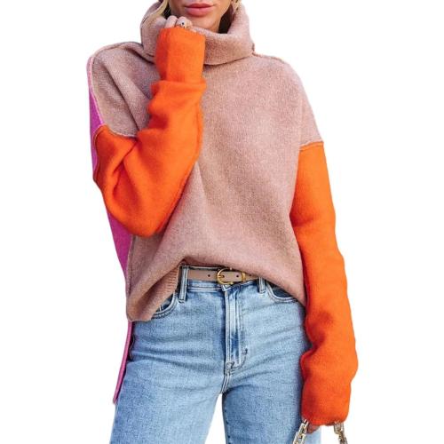 Dokotoo Womens Turtleneck Sweaters Casual Long Sleeve Color Block Side Slit Pullover Knit Jumper Tops (XL)