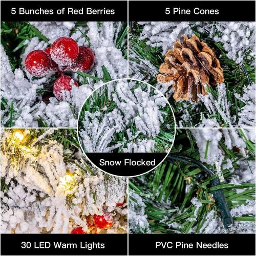 Christmas Wreaths for Front Door, DECSPAS 24 Inch 2 FT Prelit Snowy Flocked Christmas Wreath with Timer 30 LED Lights Bow Red Berries Pine Cone, Xmas Wall Windows Decorations Home Decor Outdoor Indoor