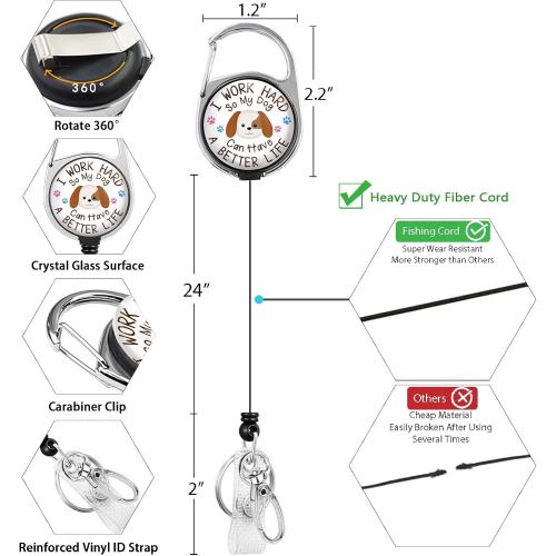 Cute Dog Badge Holder with Retractable Reel, Funny Id Card Badge Case with Carabiner Clip Heavy Duty, Vertical Card Name Tag Badge Protector Cover for Work Office Nurse Teacher Women Student Gifts