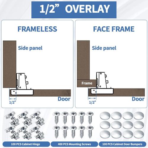 100 Pack Soft Closing Cabinet Hinges for Kitchen 1/2 Inch Partial Overlay Kitchen Cabinet Door Hinges 105 Degree Concealed with Mounting Screws for Frameless Face Frame Door