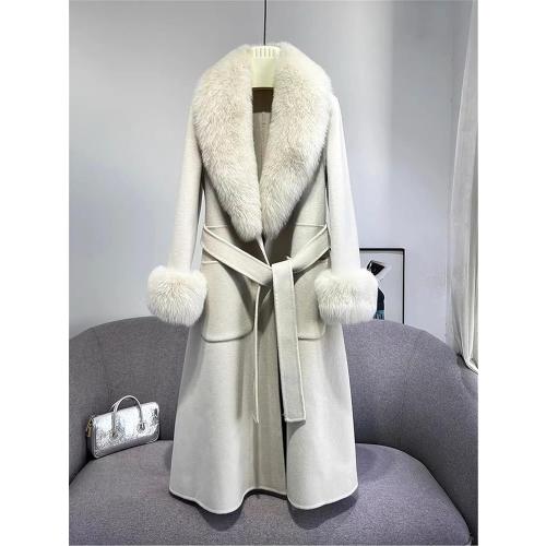 Youlander Fur FE-05 Long Coat With Real Fox Fur Big Collar And Big Cuffs And Belt For Women Soft Jacket Wool Coats size small