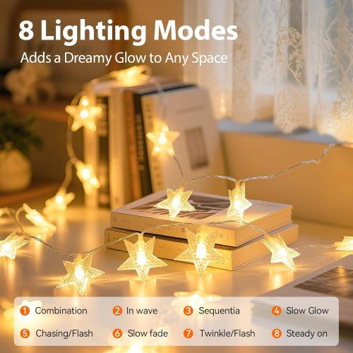 Lakumu Rechargeable Star Fairy Twinkle Lights Battery Operated with 8 Modes, 17FT 50LED String Lights Indoor with Timer, for Bedroom Dorm Tent Wedding Party Christmas Decorations, Warm White