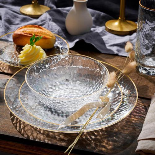 Hammered Gold Plastic Bowls Disposable Heavy Duty - 12 Oz Clear Plastic Bowls For Parties - Premium Clear Disposable Bowls for Hot Soup, Salads.