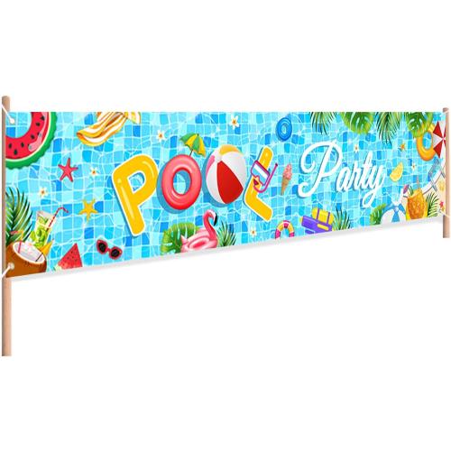 AIBIIN Pool Party Banner Summer Swimming Pool Yard Sign Decorations Splish Splash Summer Pool Decorations Hanging Outdoor Gate Decor Fence Banner Indoor Wall Decor 98x20inch