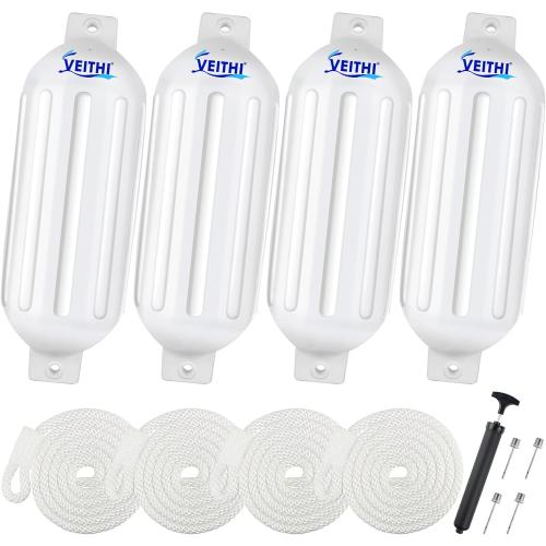 4.5/5.5/6.5/8.5/10/16 inch Boat Fenders 4 Pack,Ribbed Twin Eyes Vinyl Boat Bumpers Fenders,Boat Bumpers for Docking Come with Ropes Needles and Pump to Inflate