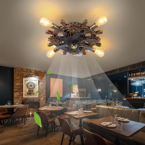 18.9 Vintage Industrial Small Ceiling Fans with Lights and Remote,Wooden Rudder Low Profile Fandelier Ceiling Fan with Light,Flush Mount Bladeless Ceiling Fan for Kitchen,Bedroom,Cafe Bar