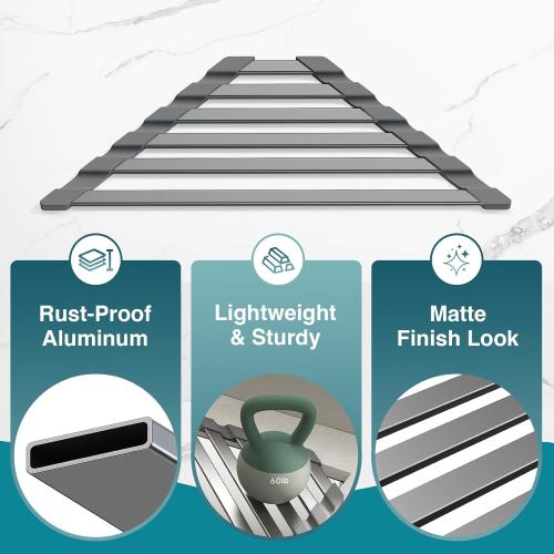 Corner Sink Drying Rack, 16x9.5 Rust-Proof Aluminum Triangular Dish Drainer, Heat Resistant Roll Up Mat for Kitchen Counter, Sponge Holder & Organizer with Non-Slip Silicone Base, Gray