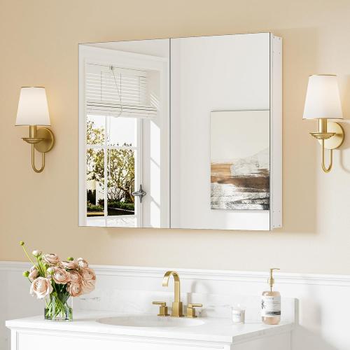 Keonjinn 30 x 26 Inch White Medicine Cabinet Mirror, Assembly Needed, in Wall Medicine Cabinets for Bathroom, Lightweight, Adjustable Shelves, Tempered Glass, Soft Closing, Recessed or Wall Mount