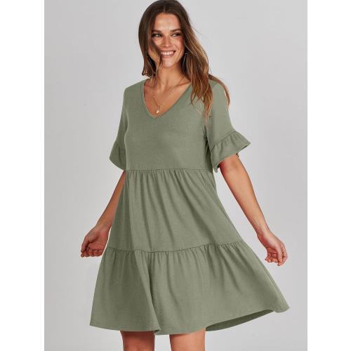 Size L ANRABESS Dresses for Women Summer 2025 V Neck Ruffle Sleeve A Line Tiered Flowy Casual Trendy Mini Beach Dress with Pockets