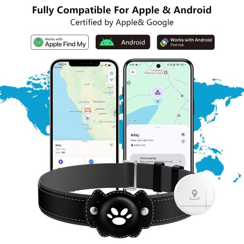 2-in-1 GPS Tracker for Cats: Smart Pet Collar with Real-Time Tracking,No Monthly Fee/Subscription (iOS & Android) Waterproof, Anti-Lost,365-Day Long Battery Life GPS Tracker Cat Collar (Black)