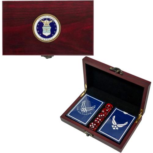 Military Gift Shop US Air Force Playing Cards & Dice in Keepsake Box - USAF Rank Insignia Cards - Air Force Gifts | Disabled Vet Owned Business | Air Force Card Set