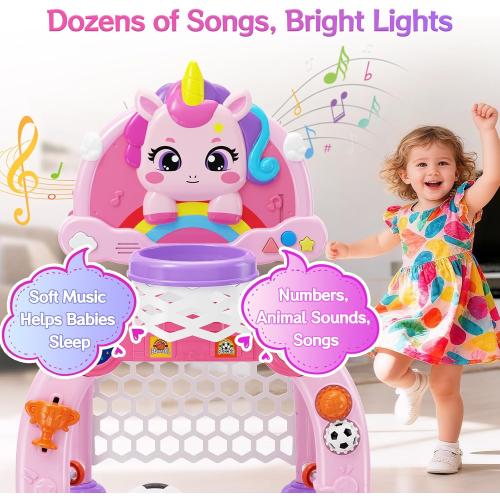 Unicorn Toddler Basketball Hoop & Soccer Goal with Light & Music, 2-in-1 Sports Toy for 1-3 Year Old Boys & Girls, Toys for 1  Year Old Girls, Birthday for Baby Kids