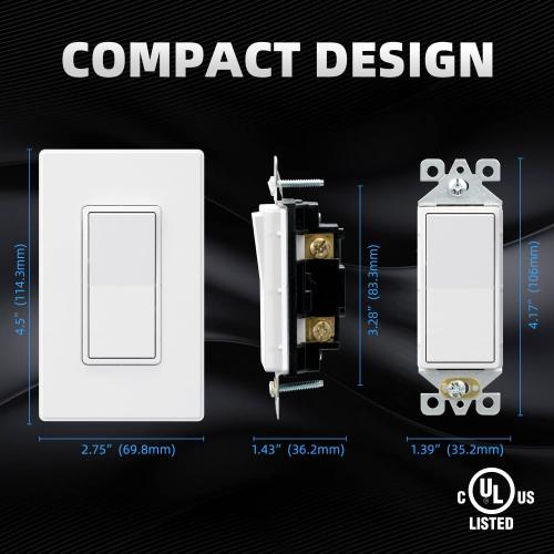 ELEGRP Matte White Single Pole Decors Light Switch with Plate 15Amp, 120-277V, Paddle Rocker Switch Replacement, On/Off Wall Switch, Self-Grounding, Residential Grade, w/Wall Plate, UL/CUL (20 Pack)