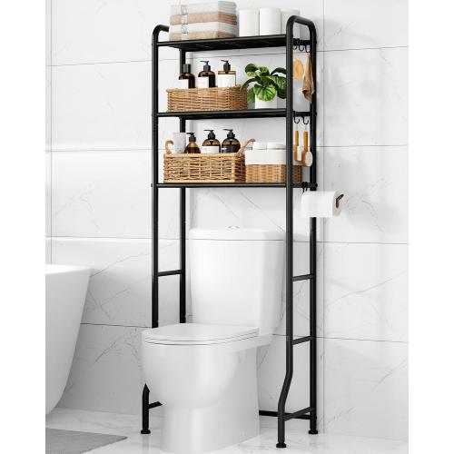 Kitsure Over Toilet Storage Rack - Metal Over Toilet Bathroom Organizer Shelf, Over the Toilet Storage Cabinet with Paper Holder and Hooks, Bathroom Cabinet for Laundry, Black, 3 Tiers (63.2 H)
