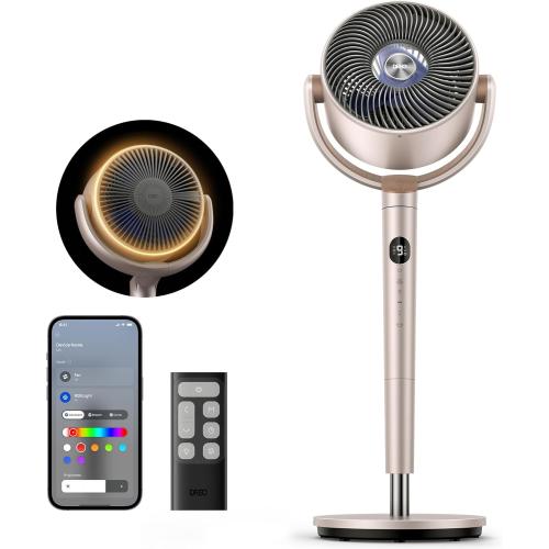 DREO Smart Fans for Bedroom, 120°  120° Omni-Directional Oscillating Fan, 100ft Quiet Pedestal Fan with RGB Light, 9 Speeds, 6 Modes, 20dB, 8H Timer, Wi-Fi/Voice, 35-40 Floor Fans, Starlight