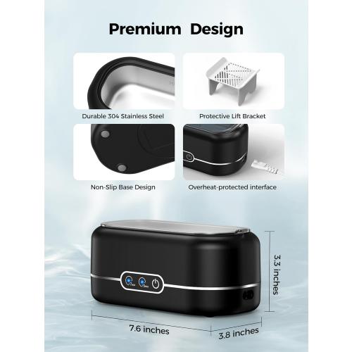 Ultrasonic Jewelry Cleaner, 48KHz Jewelry Ultrasonic Cleaner Machine for All Jewelry, Glasses, Rings, Retainers, Watch Strap, Dentures, 304 Stainless Steel 12oz Cleaning Pod - Black