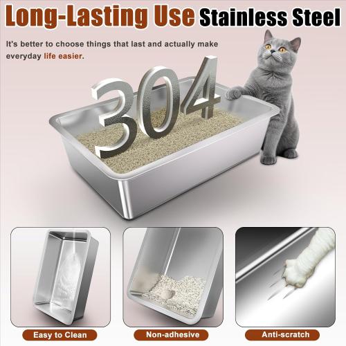 Grey 23.6 L × 15.7 W × 14.5 H Stainless Steel Cat Litter Box with Lid, 180° Flip Top XL Enclosed Litter Box with Trapping Mat & Metal Scoop, Front Top Dual Entry Steel Extra Large Cat Litter Pan
