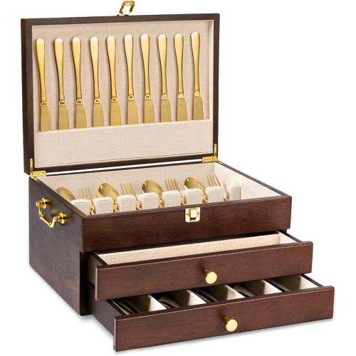 Silverware Storage Box, 3-Layer Flatware Storage Case with Drawer, Wooden Silverware Chest with Handle and Linen Liner, Rustic Silverware Case for Storing Fine Flatware and Utensils (Walnut)