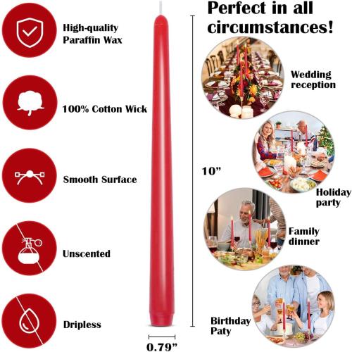 Set of 7 Red Colored Taper Candles, Dripless Unscented Skinny 10 Inch Tall Wax Candlesticks for Home Party Wedding Table Decoration