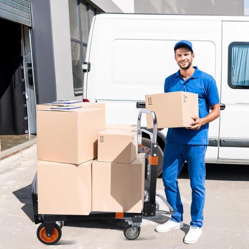 BLACK Upgraded 3 in 1 Folding Hand Truck, 600lbs Capacity, Heavy Duty Convertible Dolly with Retractable Handle and 4 Rubber Wheels, Collapsible Cart for Moving Home, Office, Warehouse（Orange）