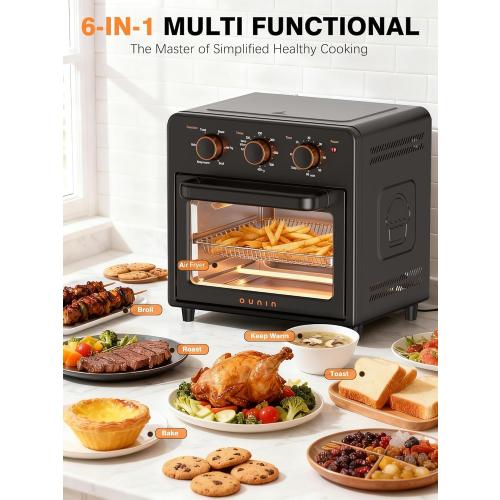 OUNIN Air Fryer Toaster Oven with Steam Infusion, 12 QT Compact Countertop Oven, 6-in-1 Stainless Steel Combo Bakes, Broils, Grills & Warms, Fast Preheat, 60-Minute Timer – Small Kitchen Friendly