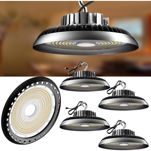 Black 4 Pack Lightdot 300W UFO LED High Bay Light,45000lm (Eqv.1200W MH/HPS) High Bay LED Lights, 5000K, 3.3ft Cable with US Plug, IP65 Waterproof, Commercial Warehouse/Workshop/Wet Location Area Light