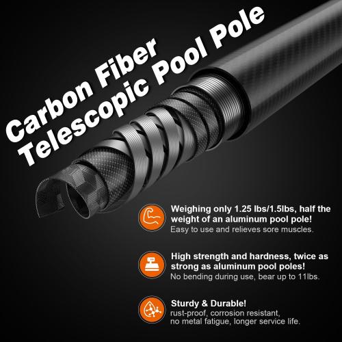 Carbon Fiber Pool Pole - Professional 15 Foot Telescopic Pool Cleaning Pole, Pool Skimmer Net Pole, Telescoping Swimming Pool Poles Heavy Duty 15FT