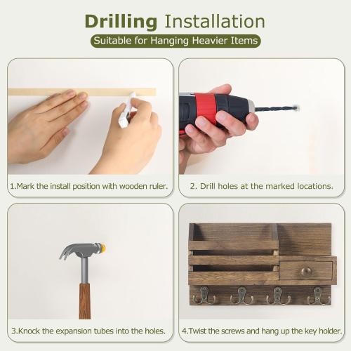 Key Holder Wall Mount, Wooden Adhesive Mail and Key Organizer with Drawer, Small Shelf, 8 Hooks, 2 Installation Methods, Brown